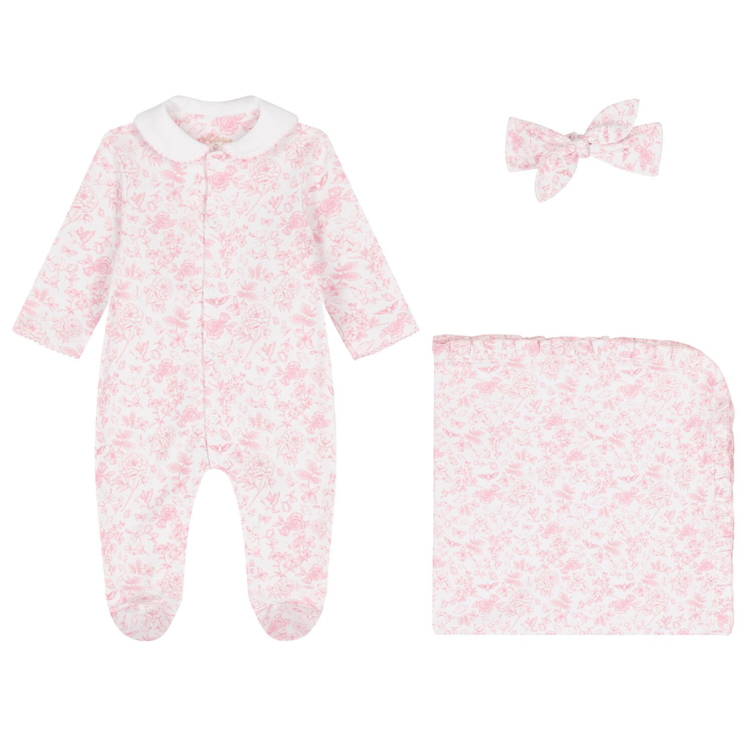 Baby Girls White & Pink Toile de Jouy Babygrow Set, 1, hi-res image number null