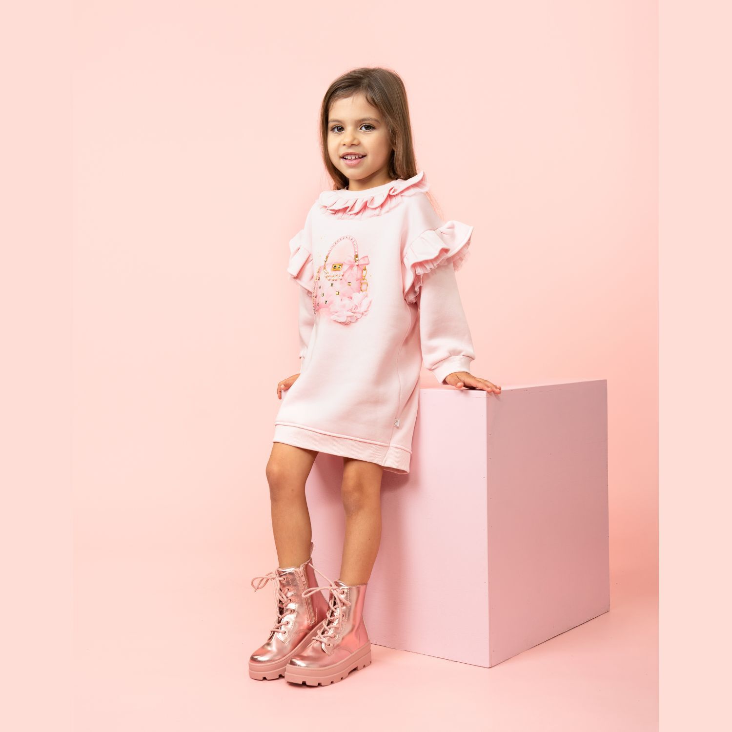 Girls Pink Logo Bag Ruffled Dress, 2, hi-res