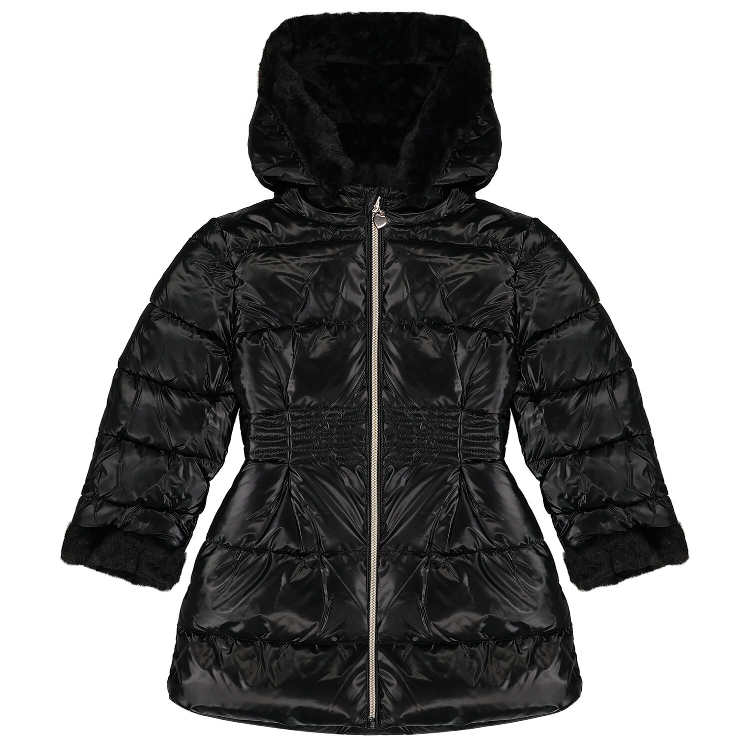 Girls Black Puffer Coat, 2, hi-res