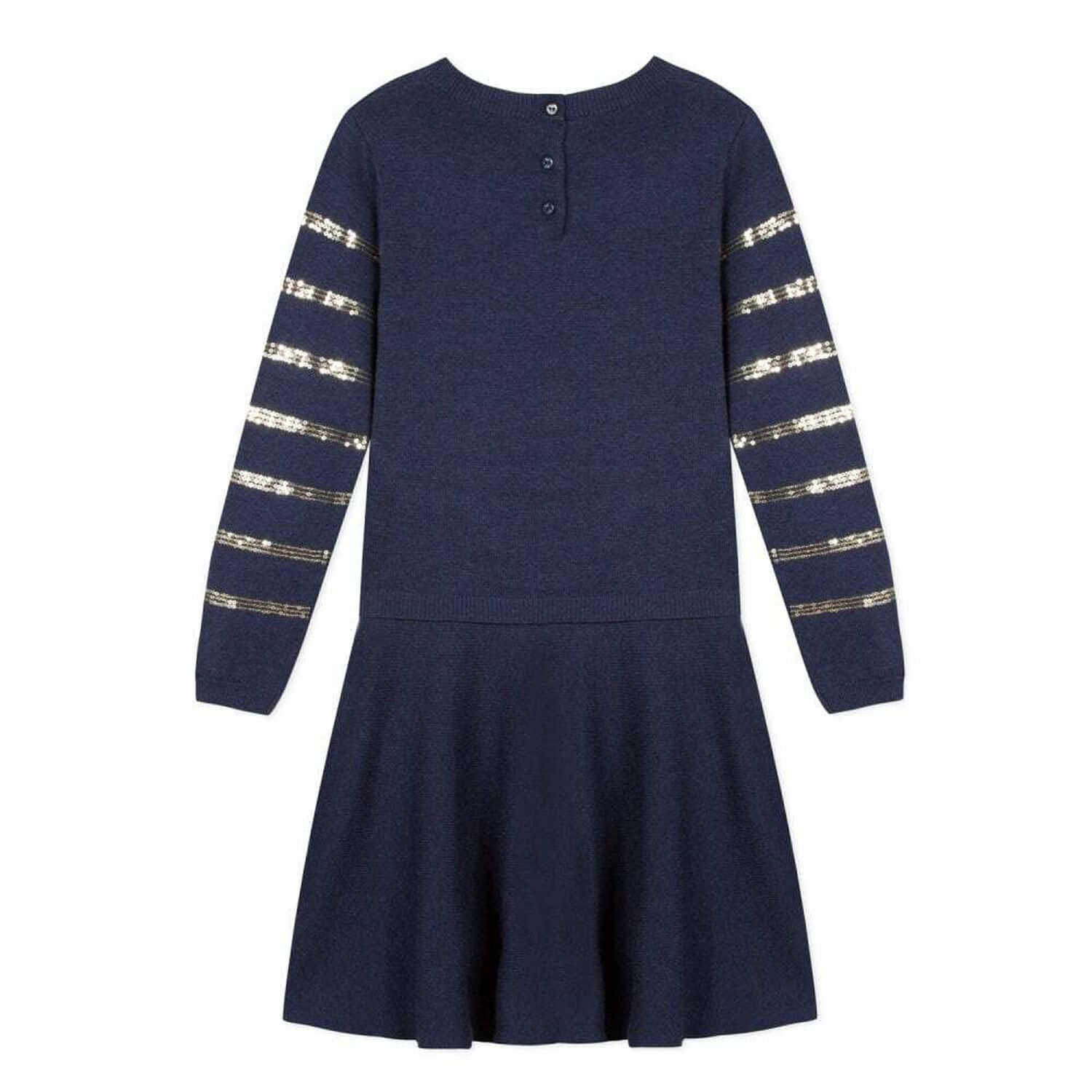 Girls Navy & Gold Knitted Dress, 1, hi-res