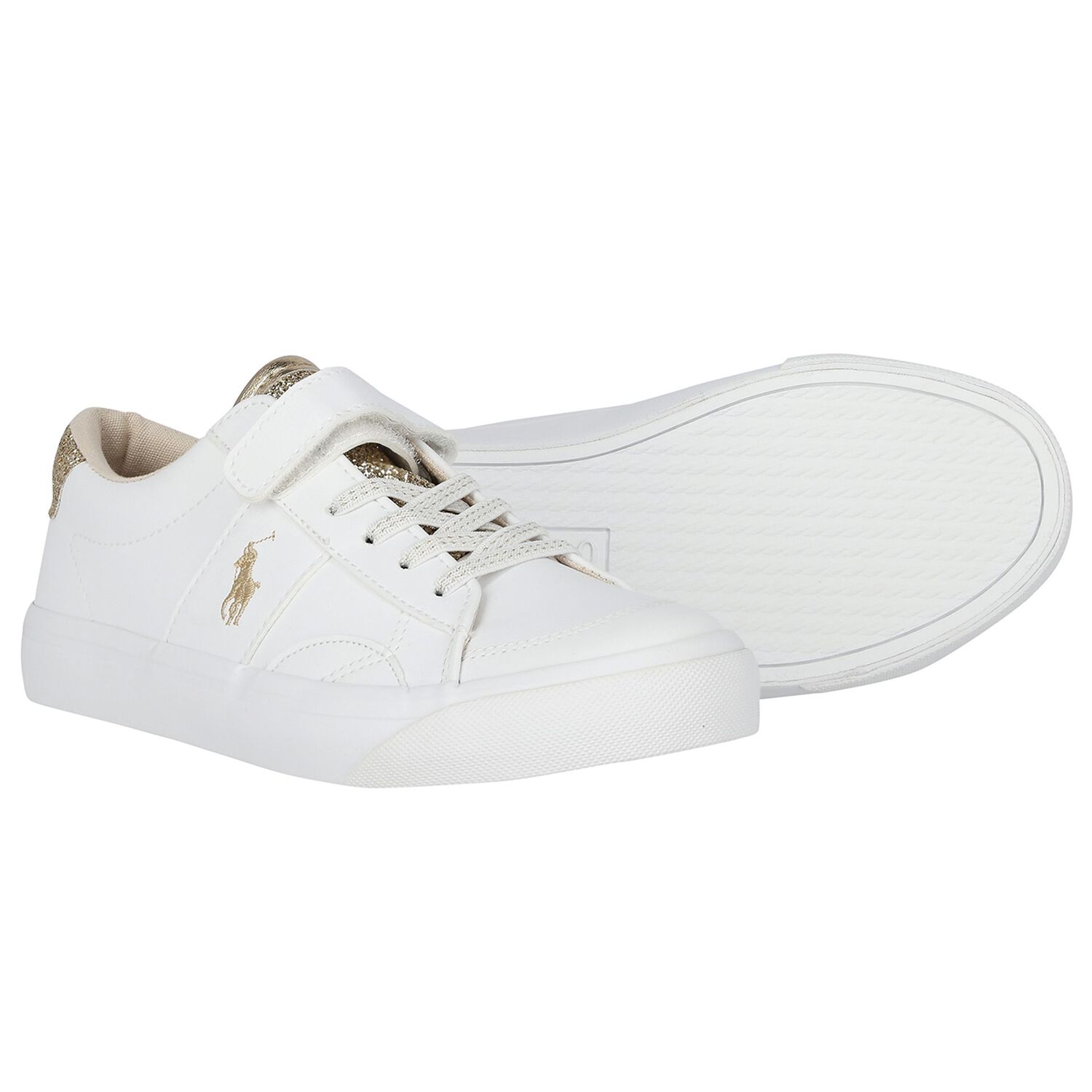 Girls White & Gold Logo Trainers, 1, hi-res