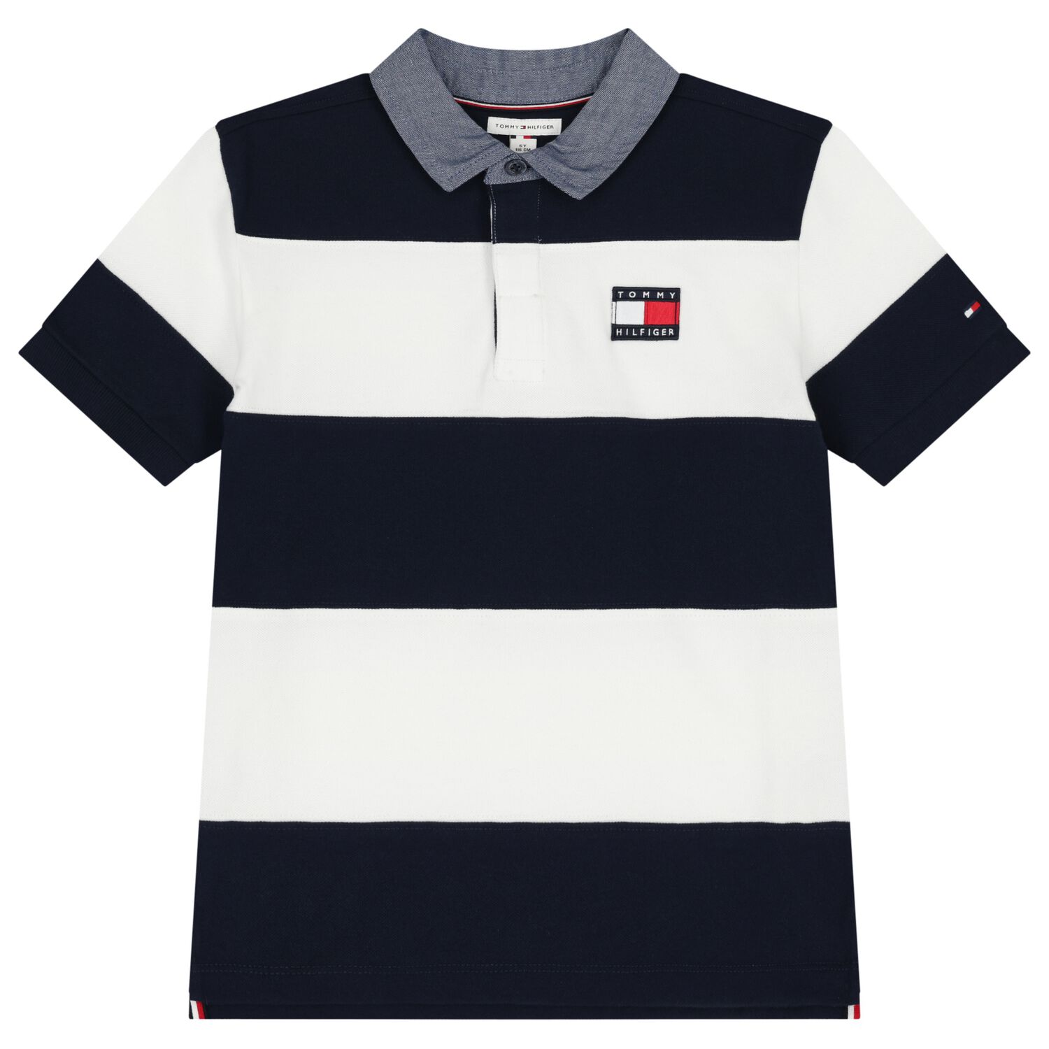 Boys Navy Blue & White Logo Striped Polo Shirt, 1, hi-res