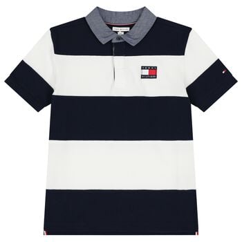 Boys Navy Blue & White Logo Striped Polo Shirt