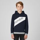 Boys Navy Blue & White Logo Hooded Top, 1, hi-res