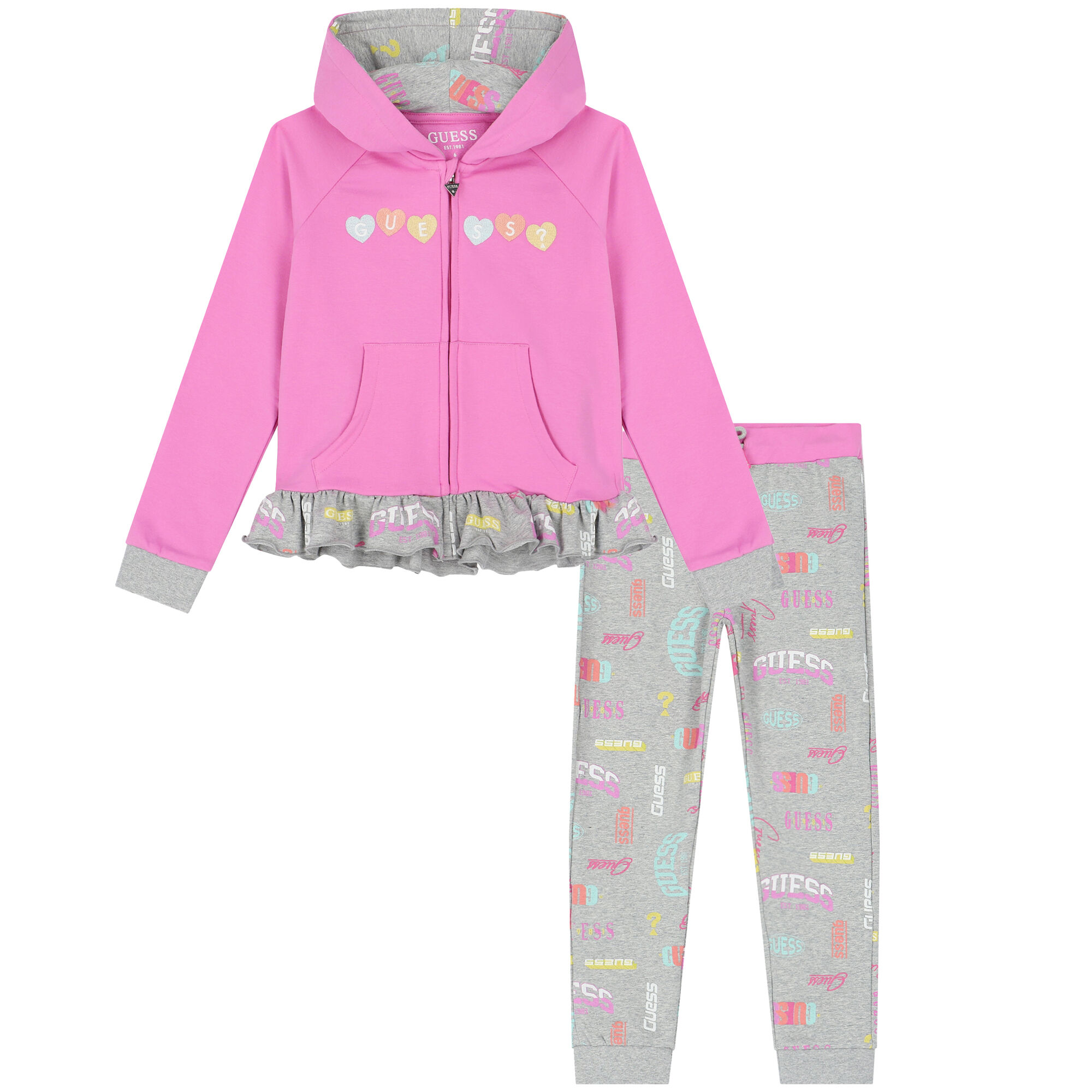 Guess Girls Pink Grey Logo Tracksuit Junior Couture UK
