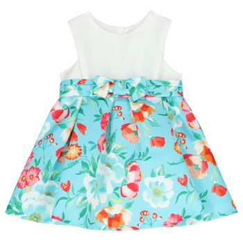 Younger Girls White & Blue Floral Satin Dress