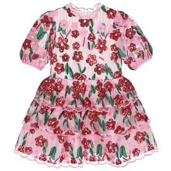 Girls Pink & Red Embroidered Sequin Dress 