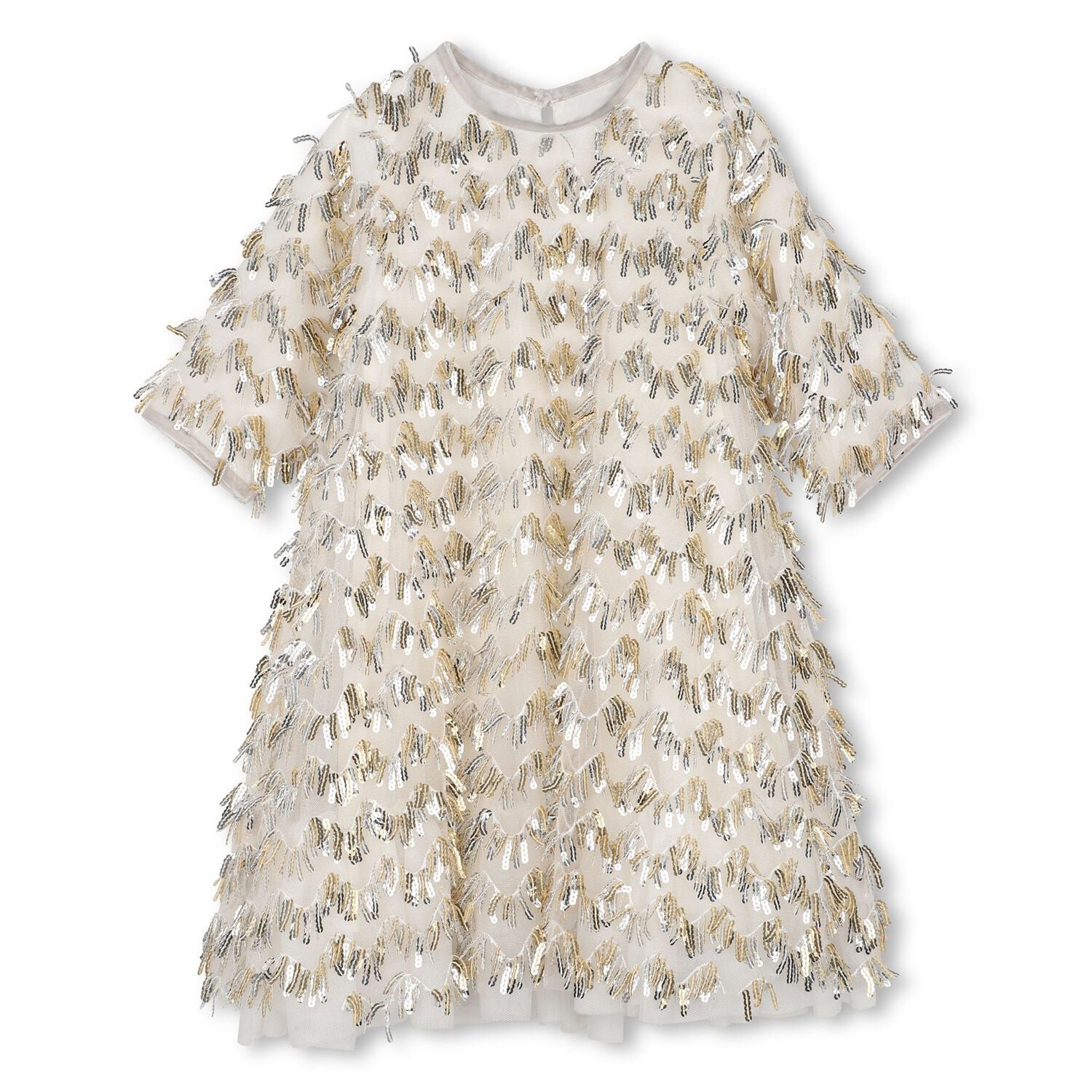 Girls Beige Sequin Fringe Mesh Dress, 1, hi-res
