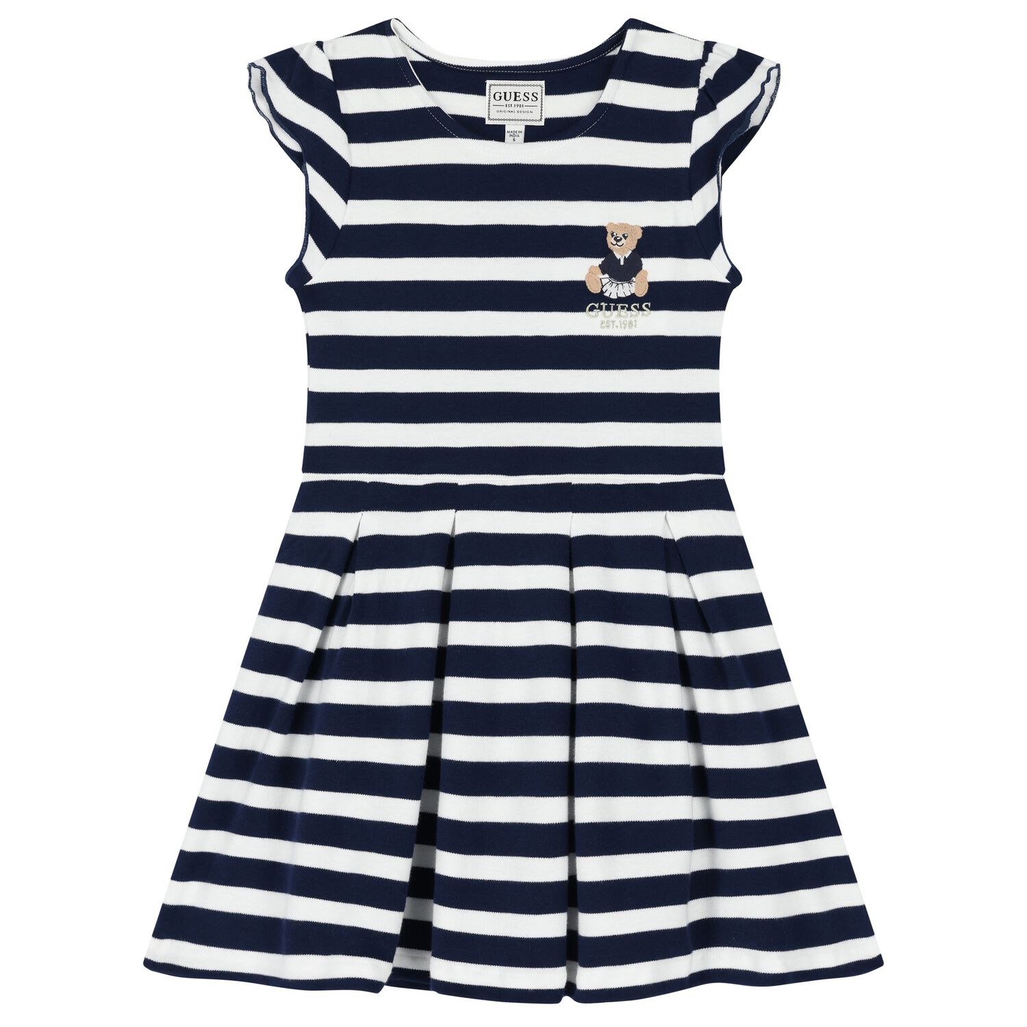 Girls White & Navy Blue Striped Dress, 1, hi-res