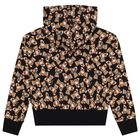 Girls Black Teddy Bear Hooded Zip Up Top, 1, hi-res