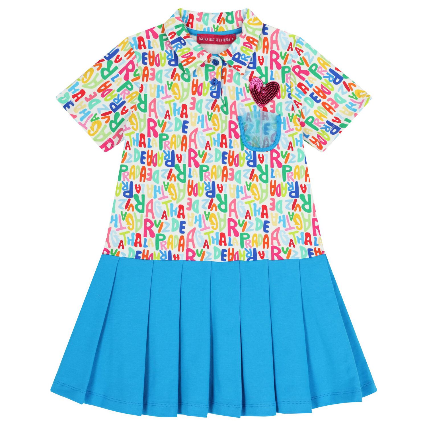 Girls White & Blue Logo Pleated Dress, 1, hi-res