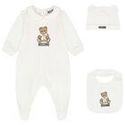 White Teddy Bear Logo Babygrow Gift Set, 1, hi-res