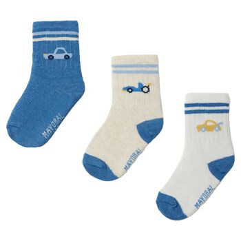 Younger Boys Blue, Ivory & White Car Socks ( 3 Pack ) 