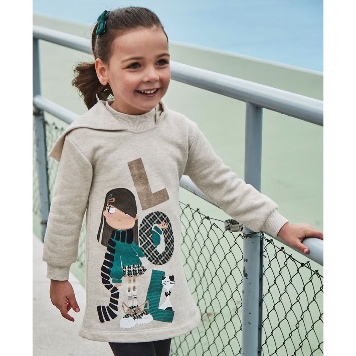 Girls Beige Hooded Sweatshirt Dress, 1, hi-res
