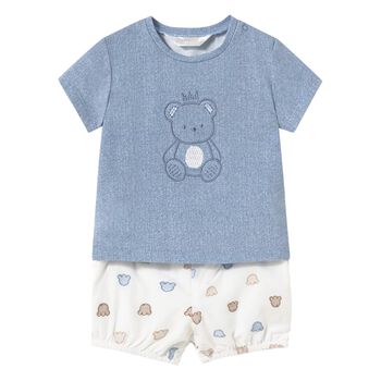 Baby Boys Blue & White Cotton Teddy Shorts Set