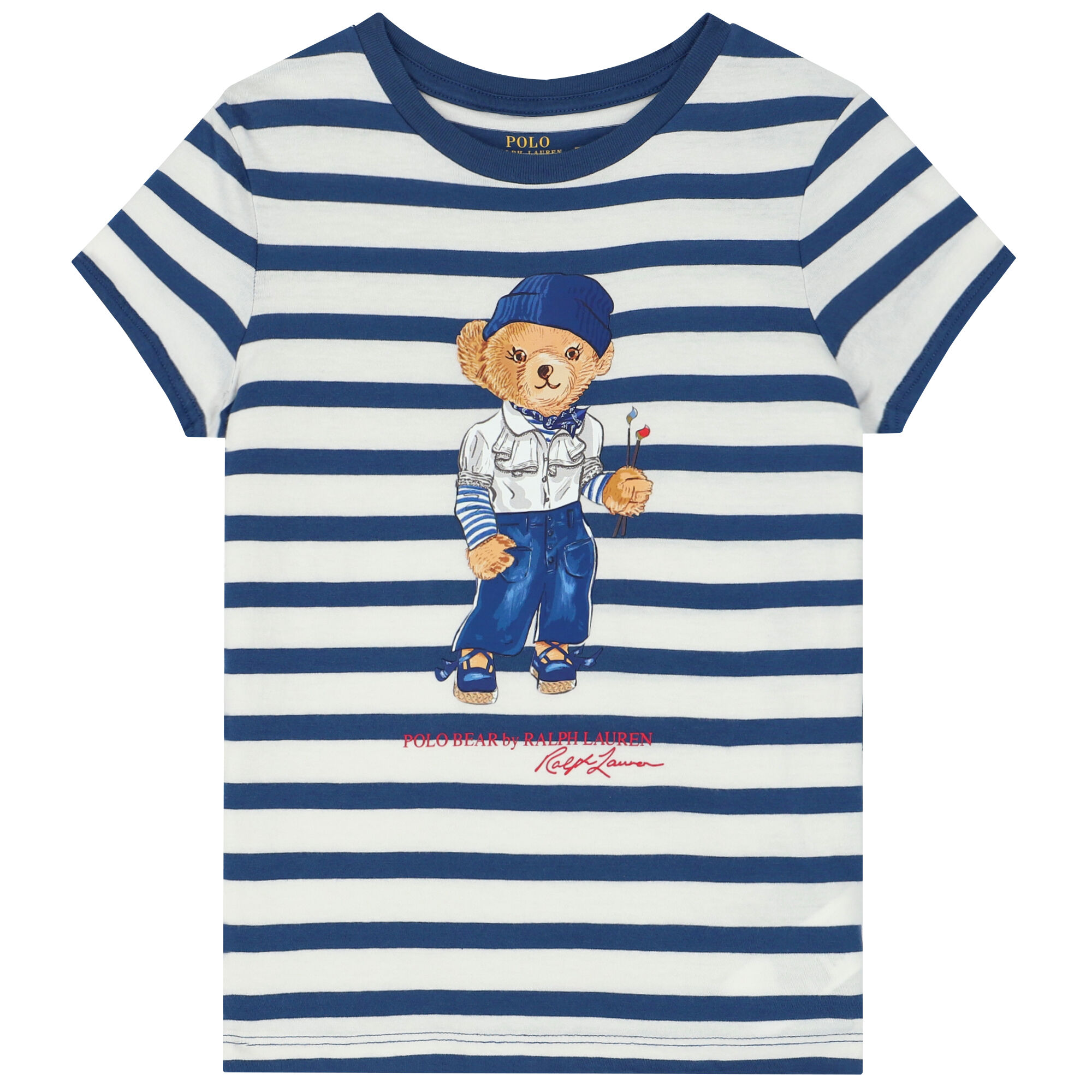 Ralph Lauren Girls Navy White Striped Bear T Shirt Junior Couture UK