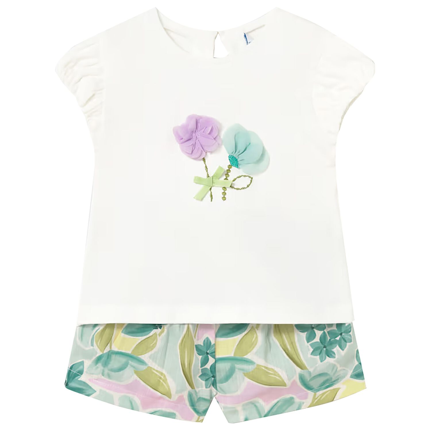 Younger Girls Ivory & Green Floral Shorts Set, 2, hi-res