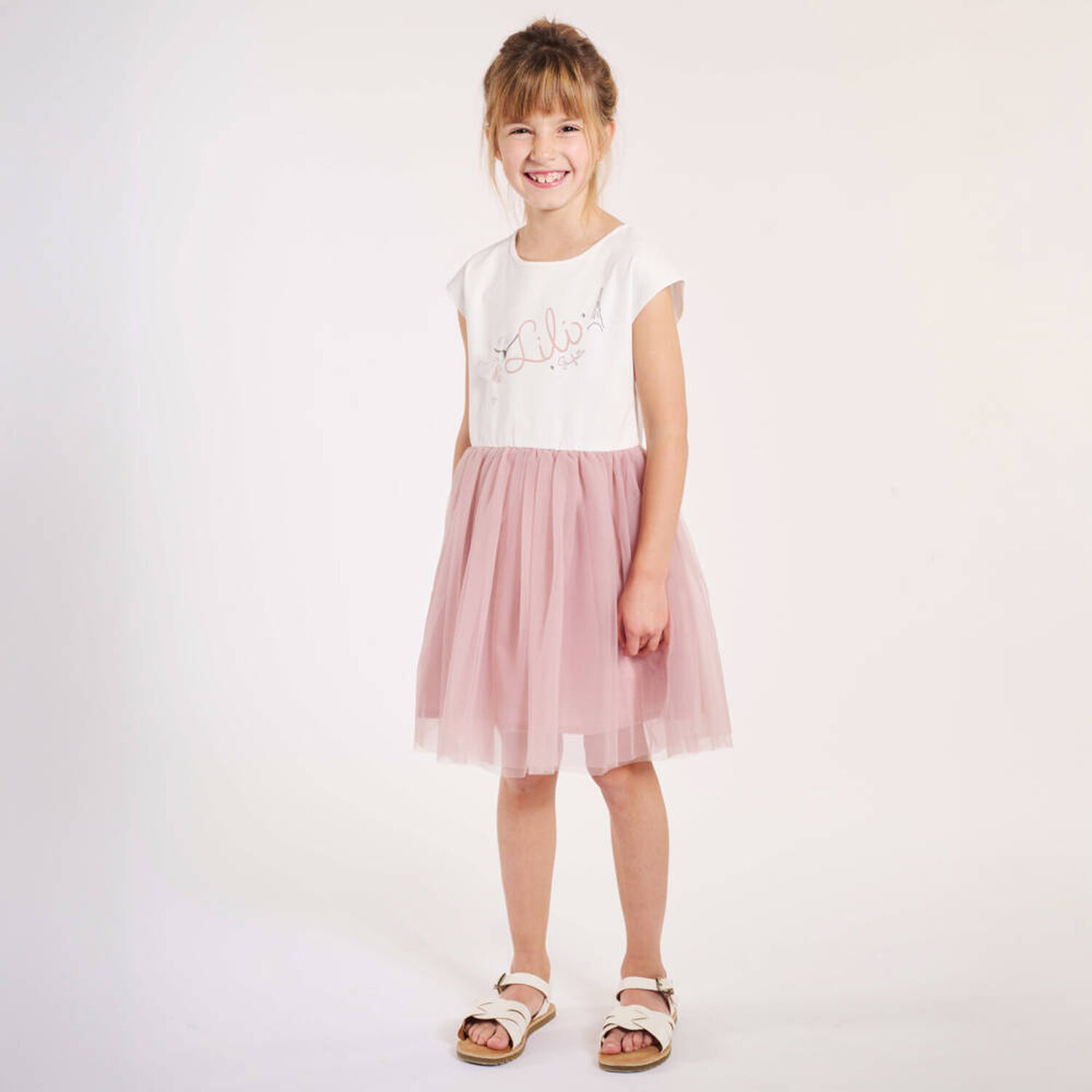 Girls Ivory & Pink Tulle Dress, 1, hi-res image number null