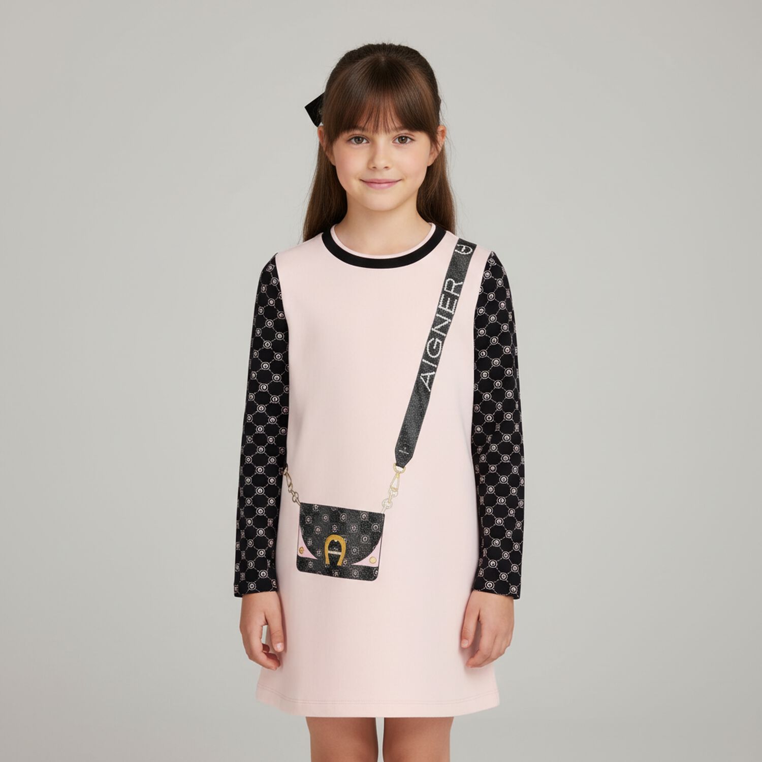 Girls Black & Pink Logo Dress, 1, hi-res