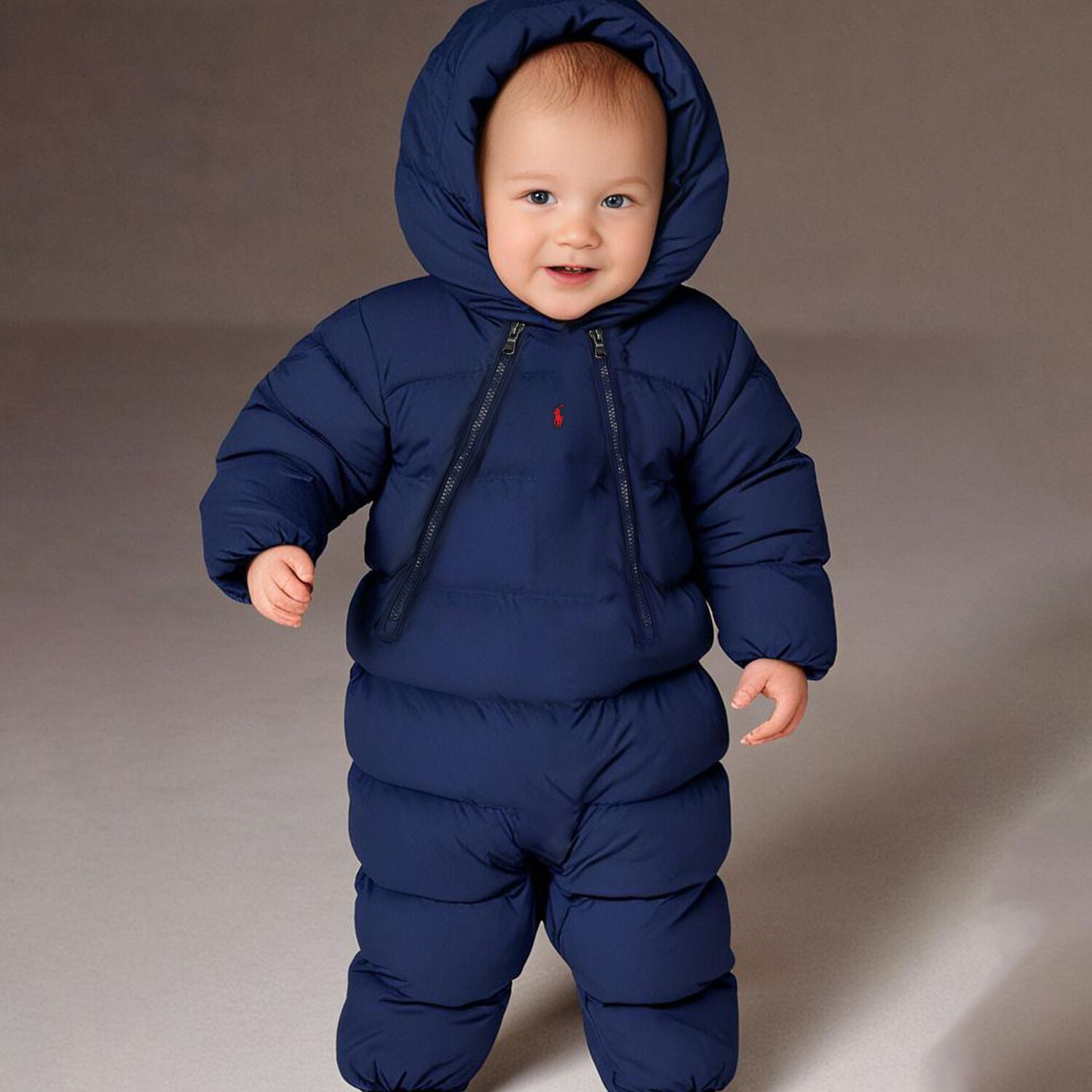 Baby Boys Navy Logo Snowsuit, 1, hi-res