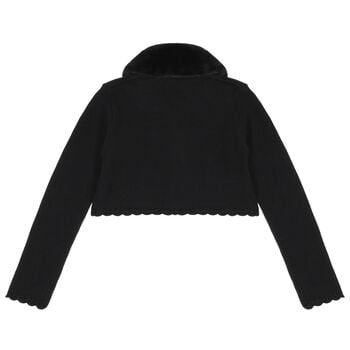 Girls Black Faux Fur Collar Cardigan