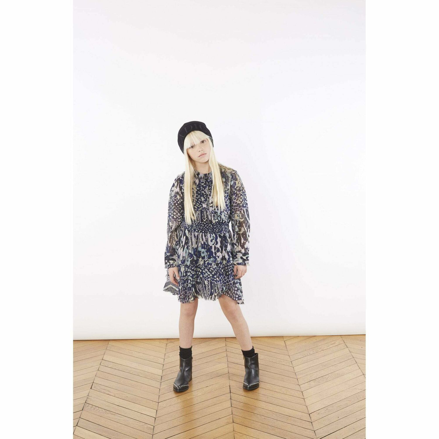 Girls Navy Blue Printed Dress, 1, hi-res