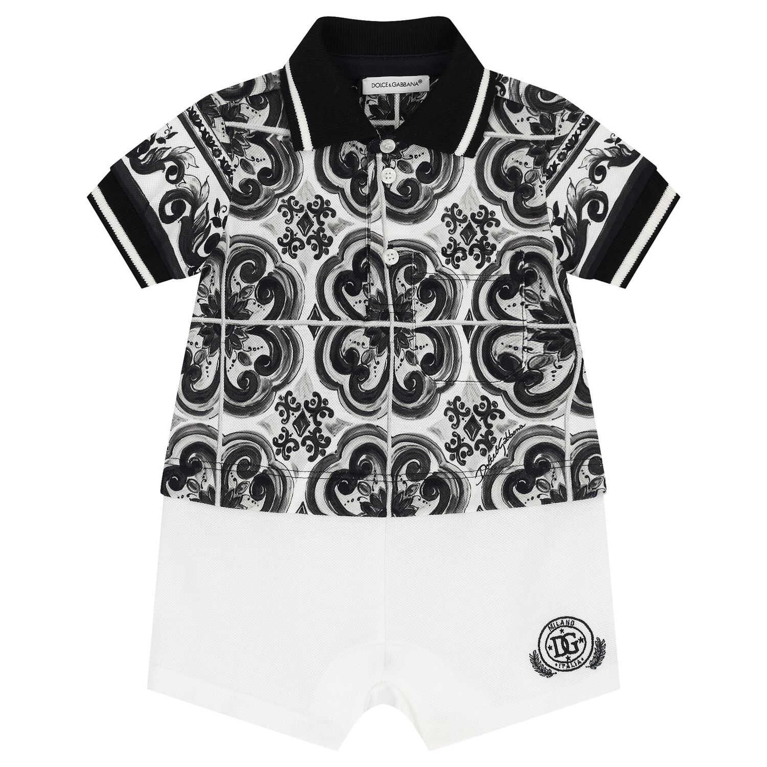 Baby Boys Black & White Majolica Romper, 1, hi-res
