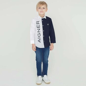 Boys White & Navy Logo Shirt