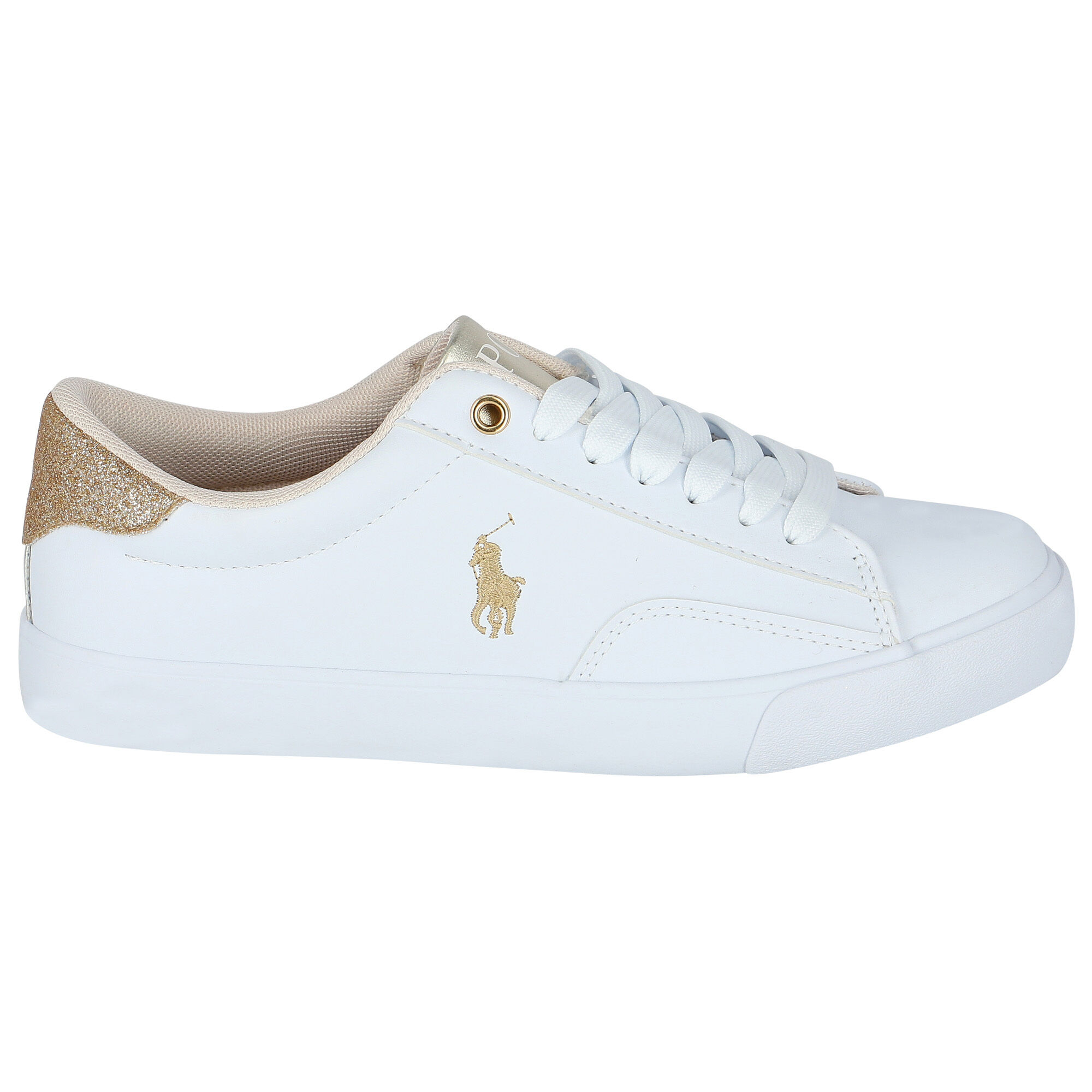 Ralph Lauren Girls White Gold Logo Trainers Junior Couture UK