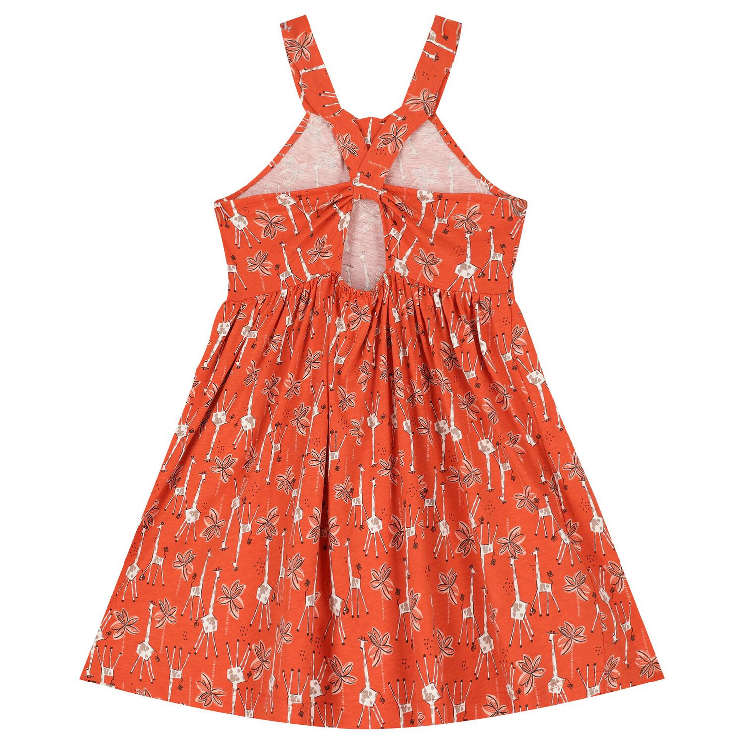 Girls Orange Giraffe Print Criss Cross Dress, 1, hi-res