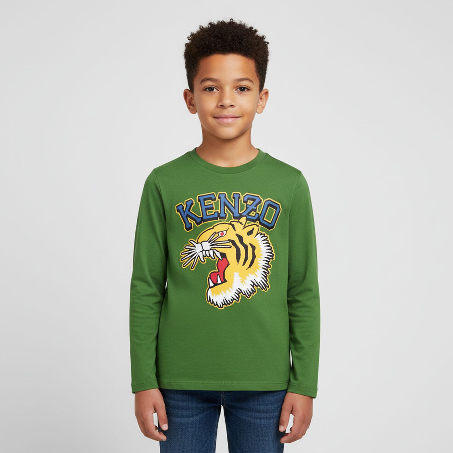 Boys Green Tiger Logo Long Sleeve Top, 1, hi-res