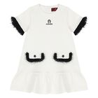 Younger Girls Ivory & Black Logo Dress , 1, hi-res