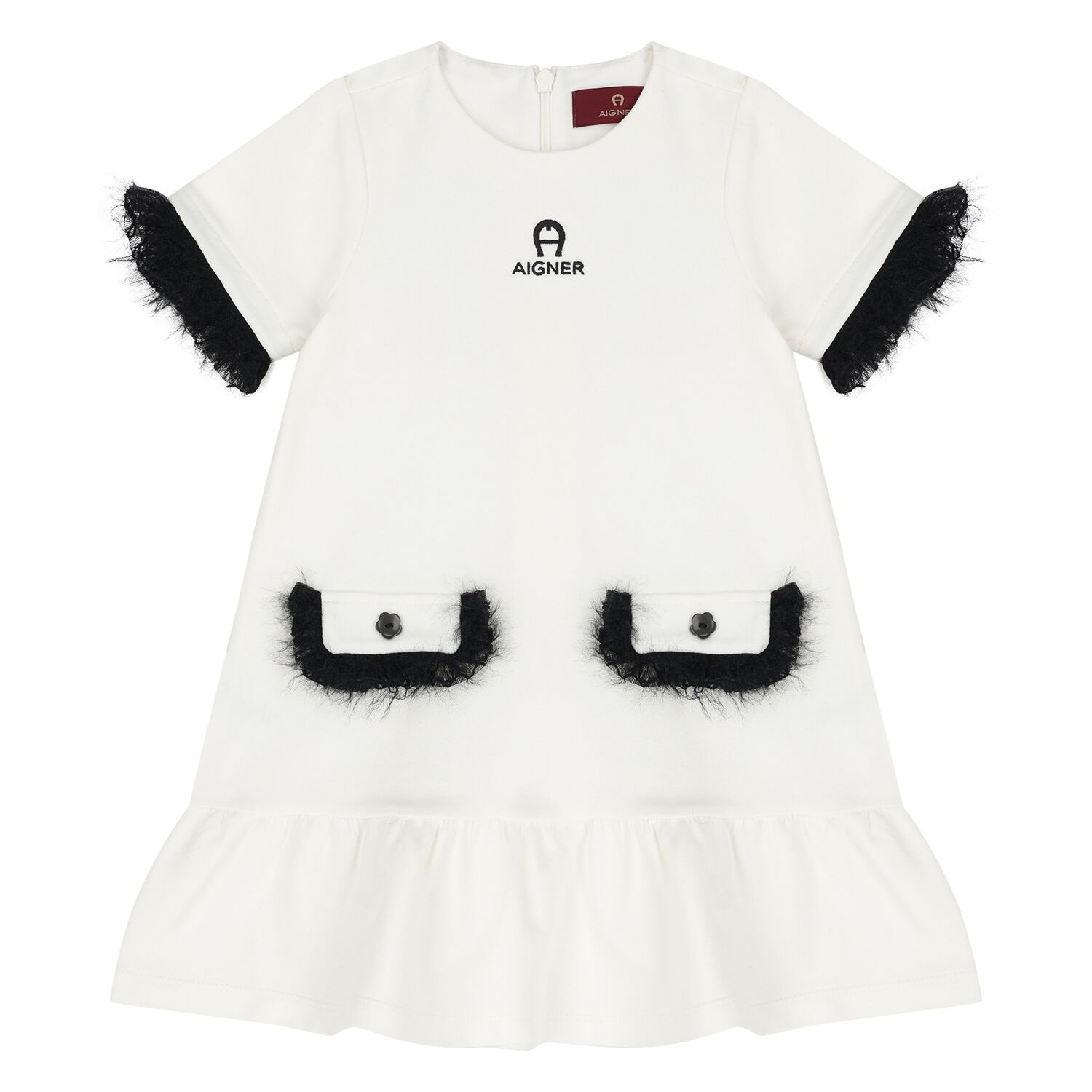 Younger Girls Ivory & Black Logo Dress , 1, hi-res