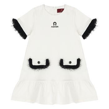 Younger Girls Ivory & Black Logo Dress 