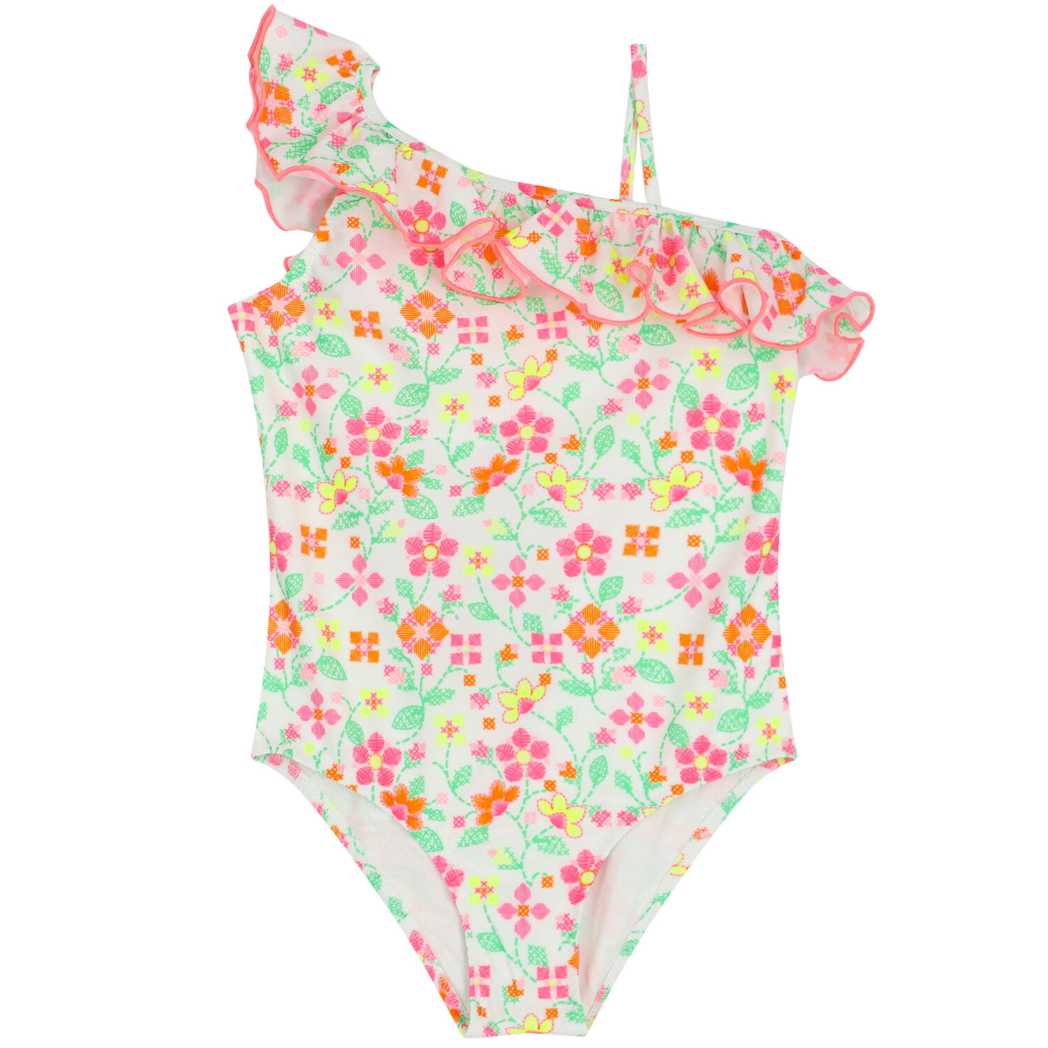 Girls White & Pink Floral Swimsuit, 1, hi-res