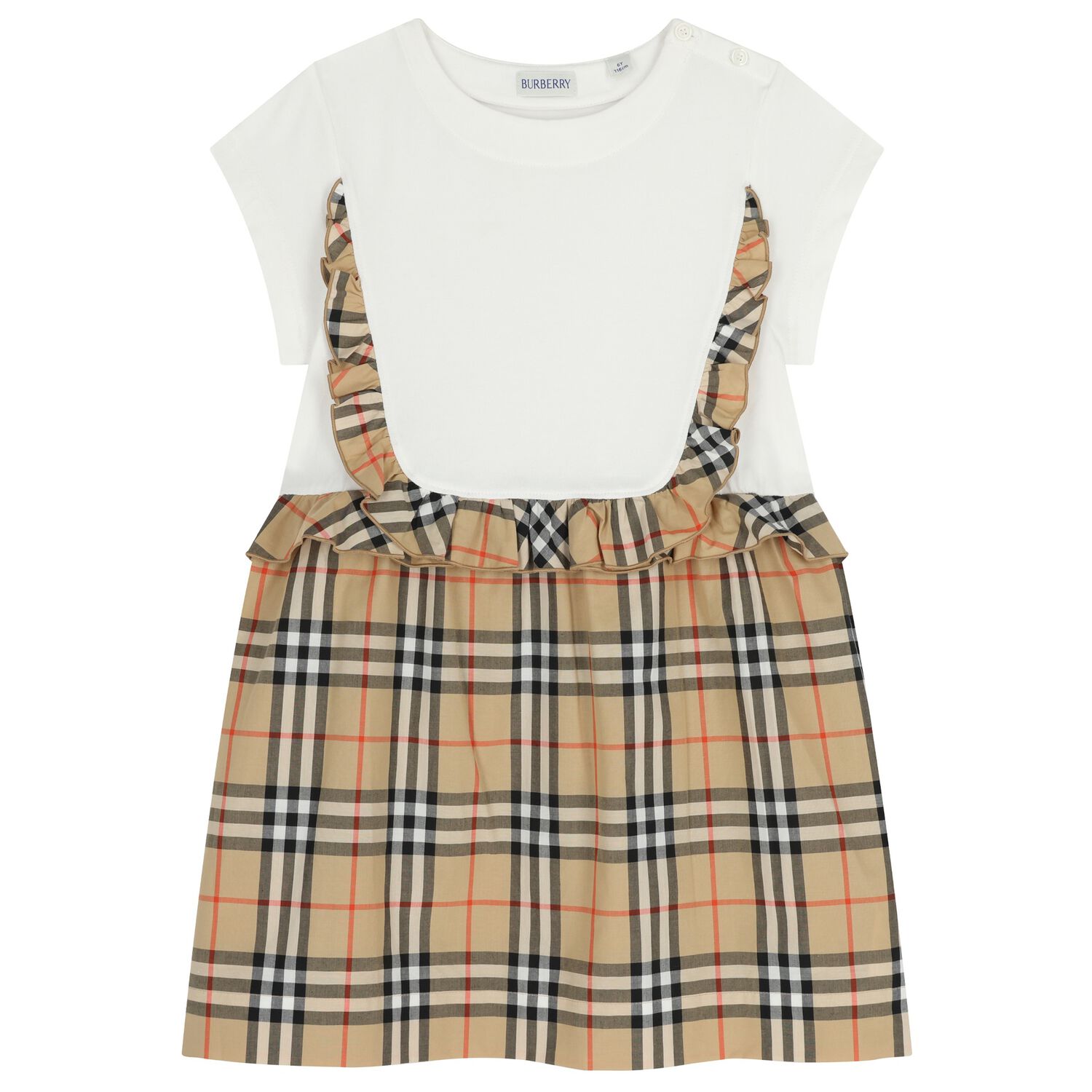 Girls White & Beige Check Ruffled Dress, 1, hi-res