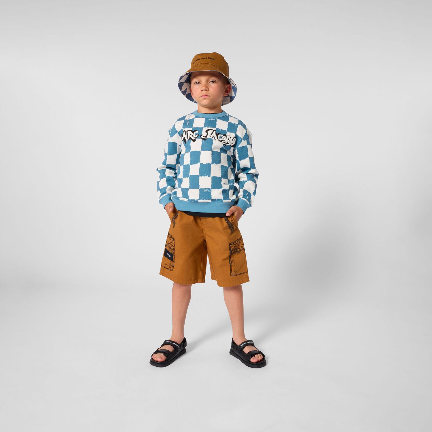 Boys Blue Check & Beige Reversible Hat, 1, hi-res
