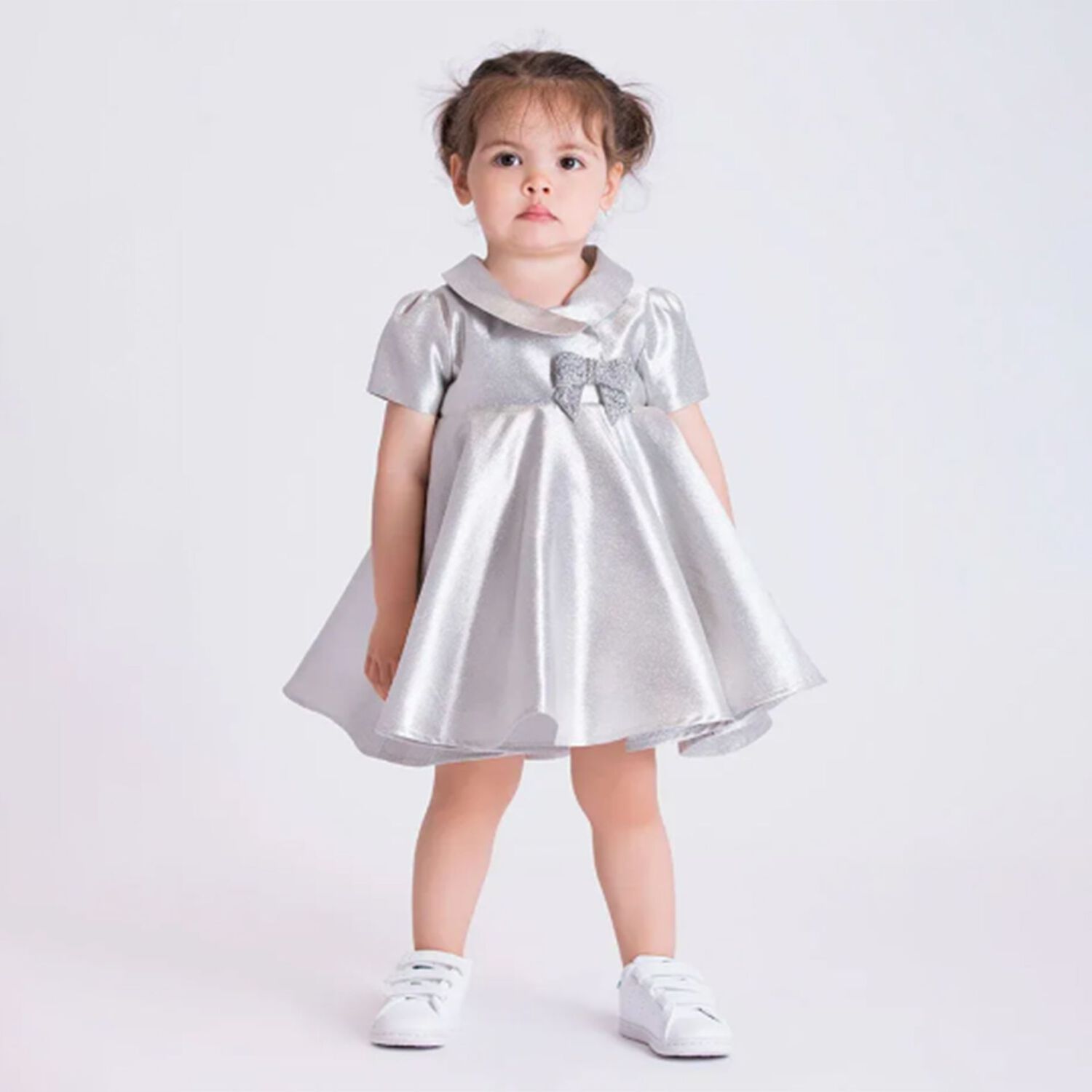 Baby Girls Silver Bow Satin Dress, 1, hi-res