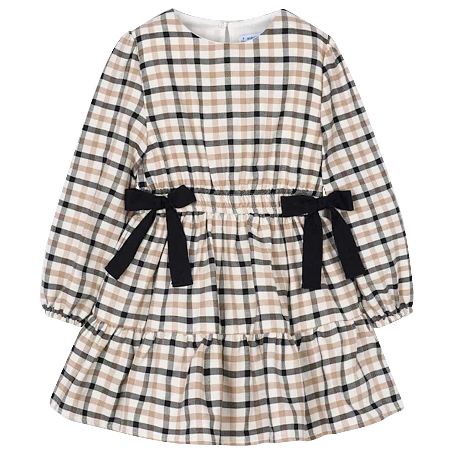 Girls Ivory & Black Bow Checkered Dress, 1, hi-res image number null
