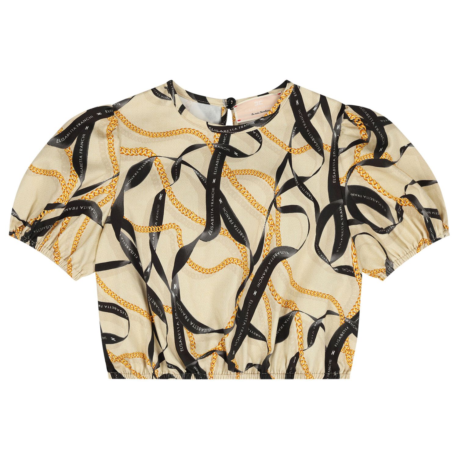 Girls Beige & Black Puffed Sleeve Top, 1, hi-res