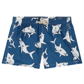 Boys Navy Blue Sharks Swim Shorts