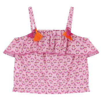 Girls Pink Ruffled Flower Printed Top