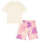 Girls Beige & Pink Logo Shorts Set, 1, hi-res