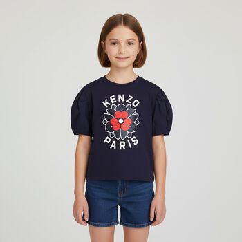 Girls Navy Blue Logo Flower T-Shirt