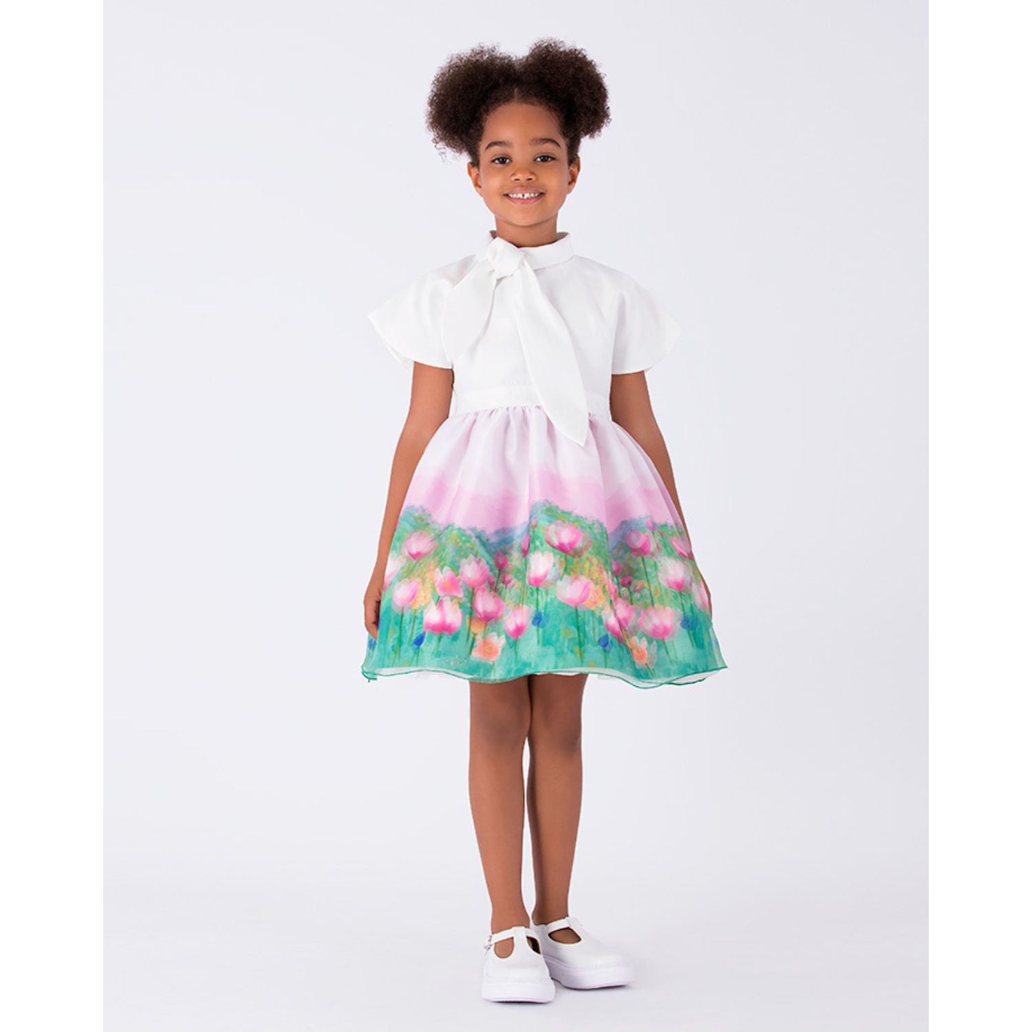 Girls White, Pink & Green Floral Dress, 1, hi-res