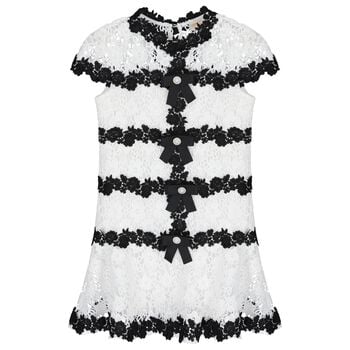 Girls White & Black Embroidered Floral Dress 