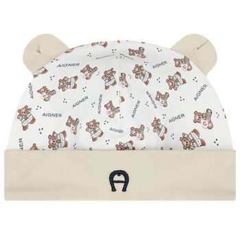 White & Beige Teddy Bear Logo Baby Hat