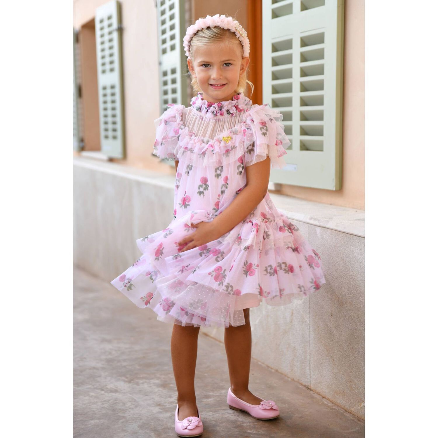 Girls Pink Floral Tulle Dress, 1, hi-res