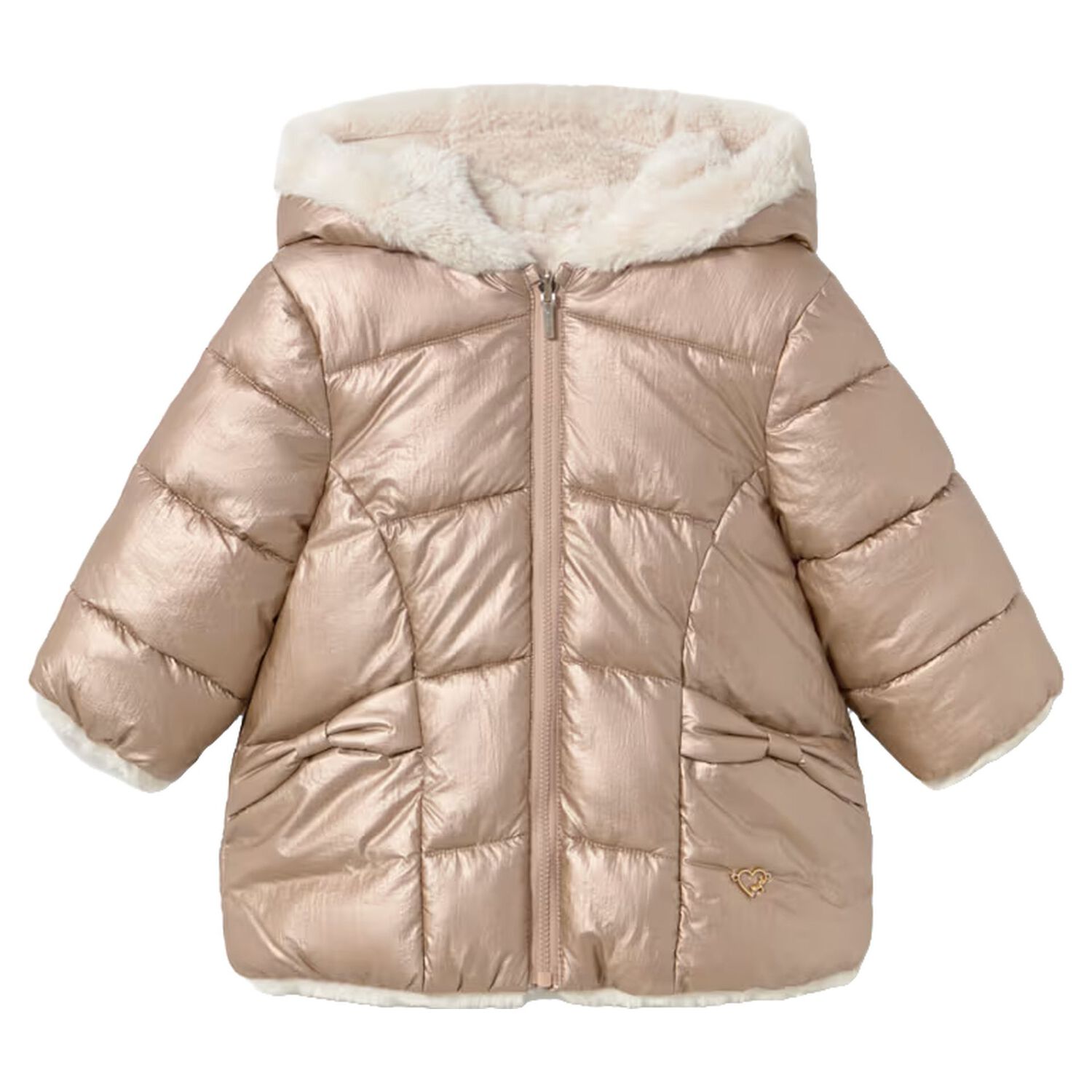 Younger Girls Ivory & Rose Gold Reversible Faux Fur Jacket, 2, hi-res
