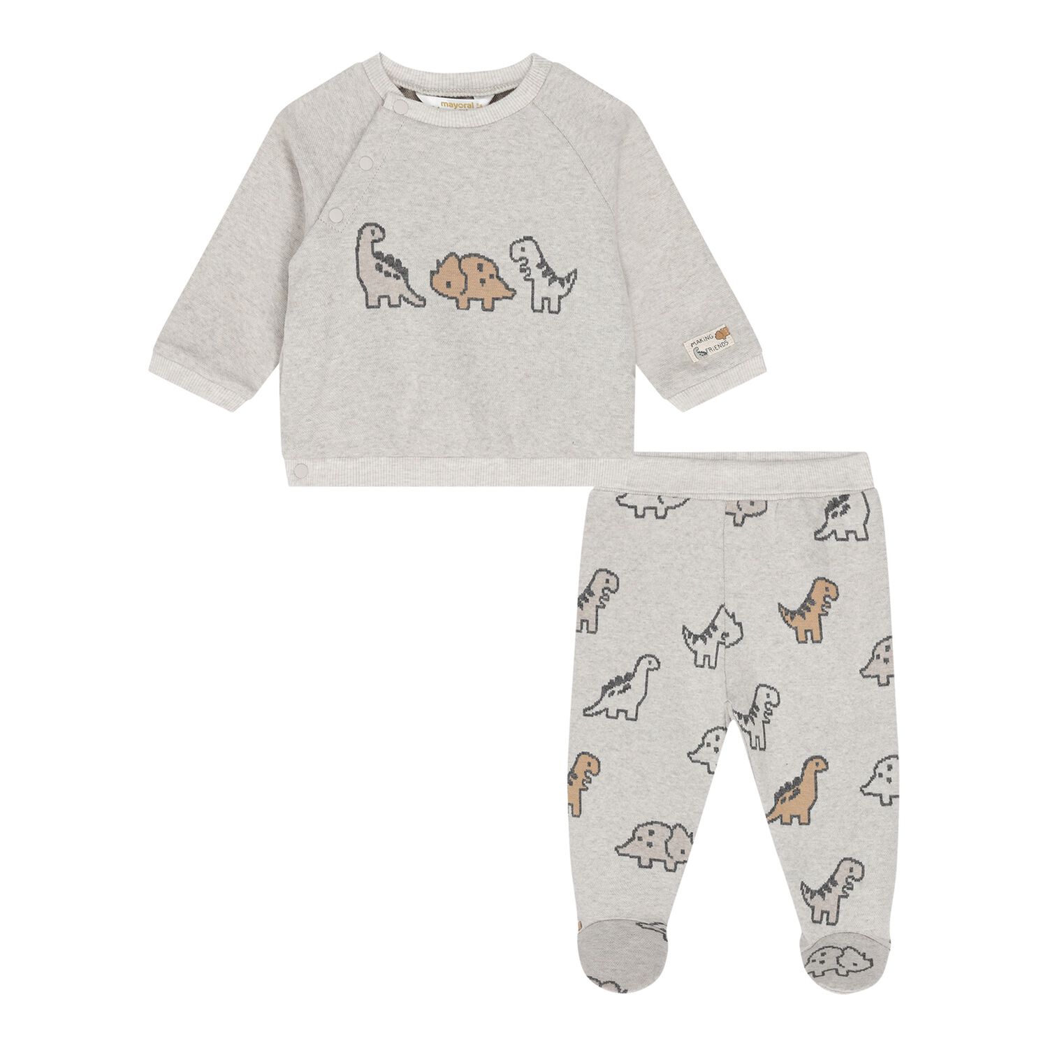 Baby Boys Grey Dinosaur 2 Piece Babygrow, 1, hi-res